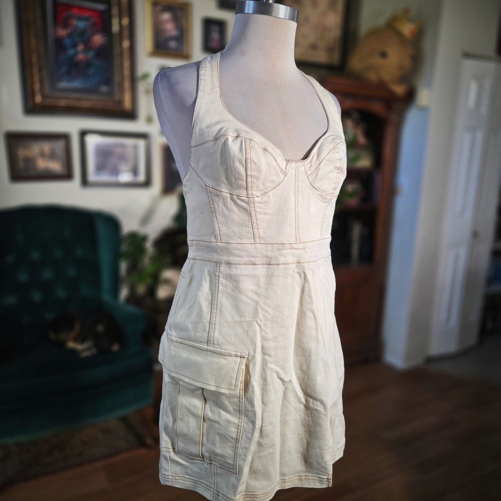 Urban Outfitters Cream Denim Halter Mini Dress Cargo Pocket Bustier Size L - Picture 1 of 8